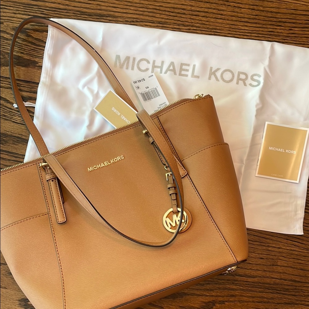 Michael Kors Tan Saffiano Leather Tote with Gold Charm